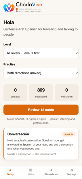 CharlaViva home screen with level and direction pickers