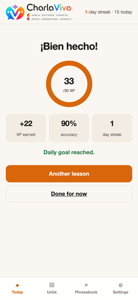 End of a lesson showing XP earned against the daily goal