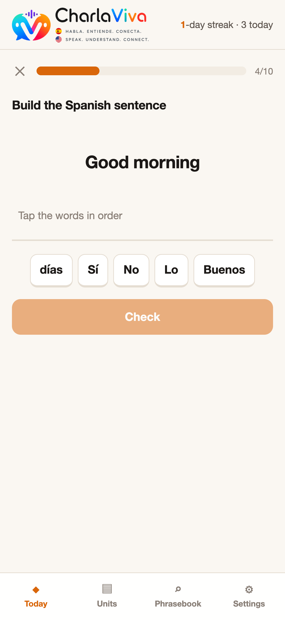 A lesson exercise: build the Spanish sentence from word tiles