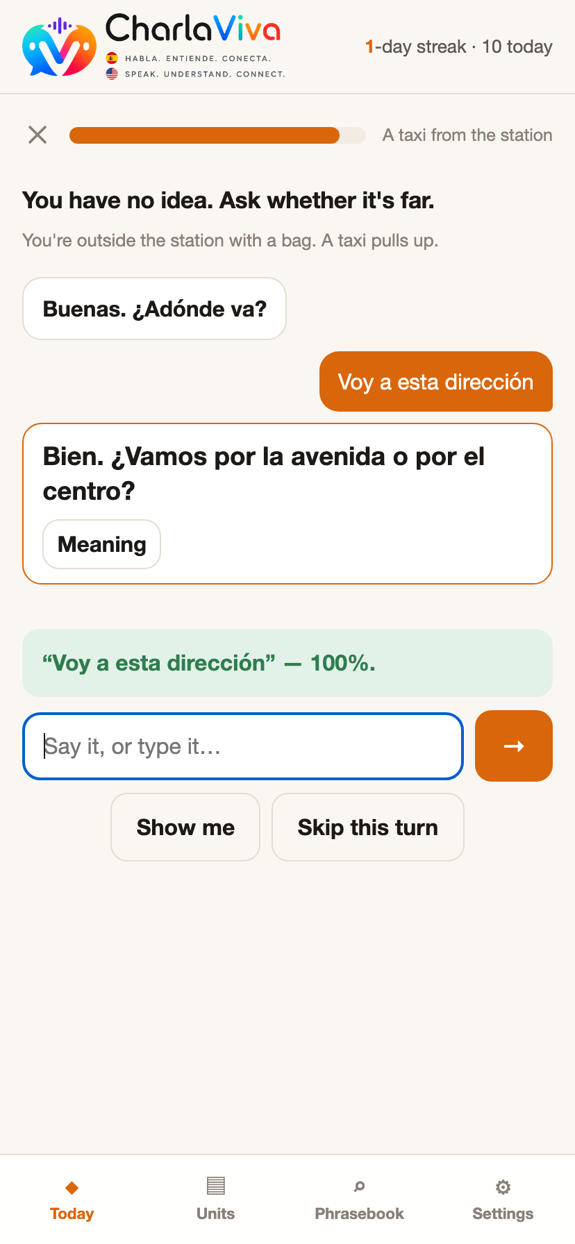 A scripted conversation: the other person speaks Spanish and you answer